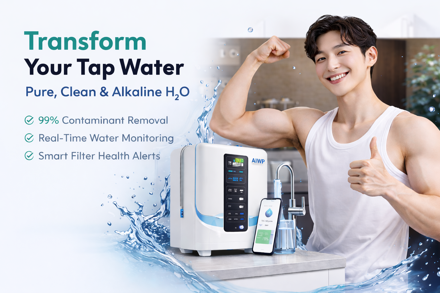 AIWP water purifier: person with purified water, purifier unit with display, smartphone showing water quality app with TDS and system status. Transform your tap water into pure, clean, alkaline water.