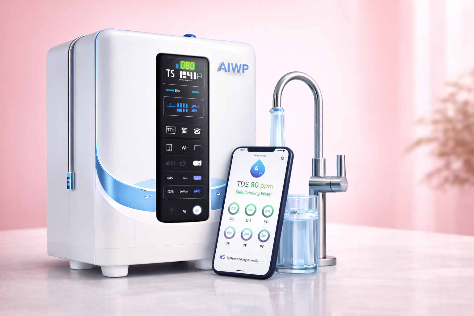 AIWP Platinum one water purifier unit with display showing TDS and status, chrome faucet pouring water into glass, smartphone with water quality app showing TDS 80 ppm and system health